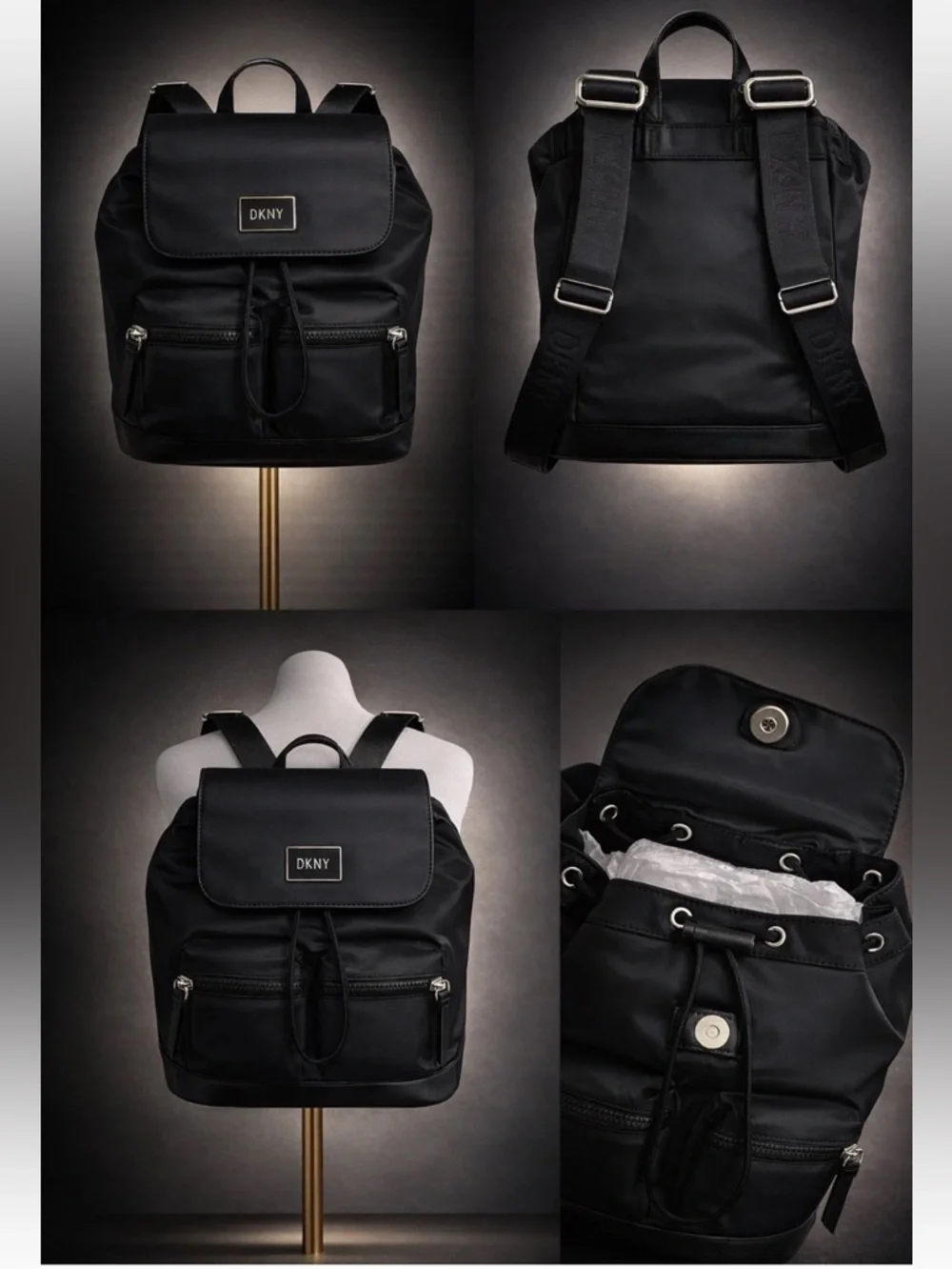 DKNY Damian Black Nylon Flap Laptop Travel Backpack